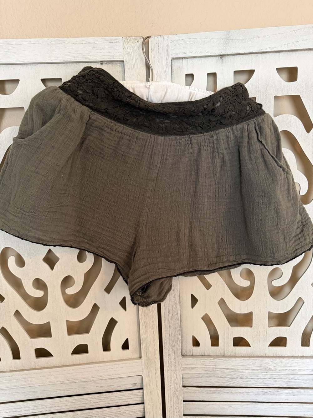 Free People Women's Olive Green Sleep Shorts with Black Lace Waistband